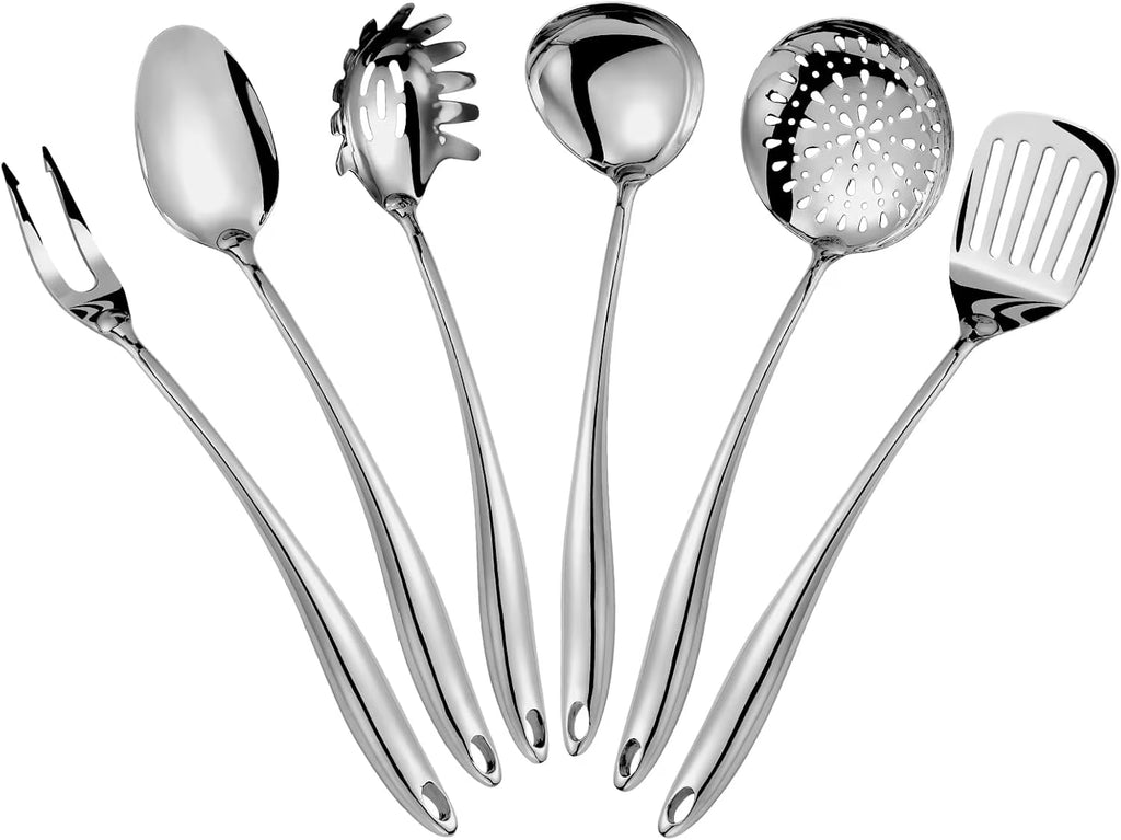 304 Stainless Steel Kitchen Utensils Set 6 Pcs Long Metal Cooking Utensil with Spatula Solid Spoon Ladle Skimmer Spaghetti Spoon Meat Fork Dishwasher Suitable – Durable Stainless Steel Construction with a Practical Everyday Design