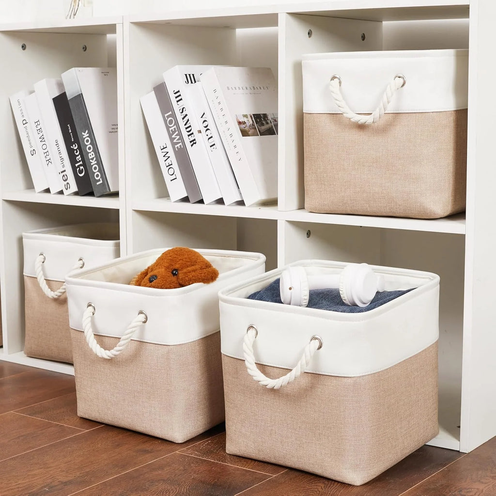 11 x 11 Inch Storage Cubes 6 Pack Large Collapsible Fabric Storage Bin White&Beige – Foldable Space-Saving Design with a Practical Everyday Design