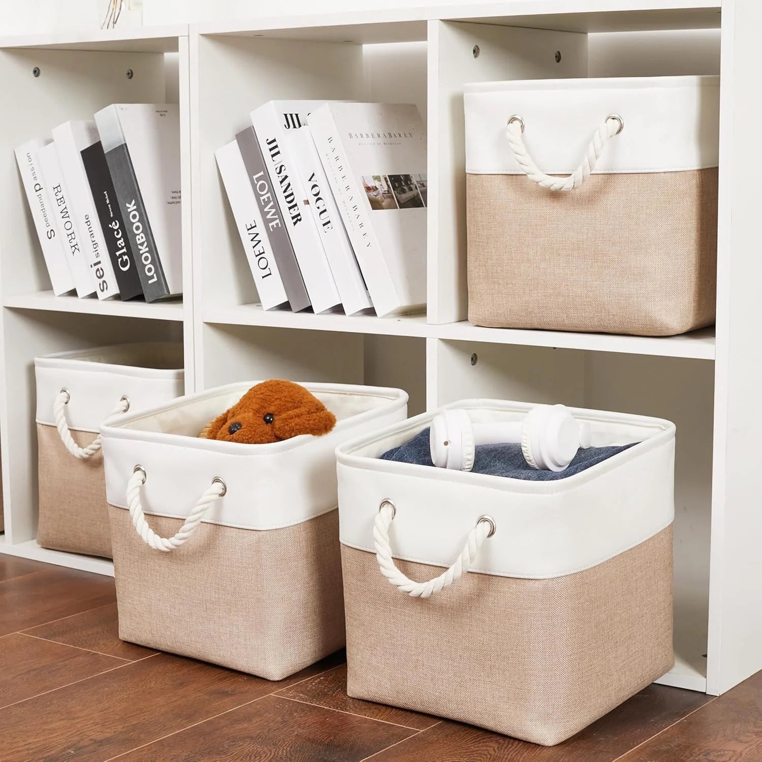 11 x 11 Inch Storage Cubes 6 Pack Large Collapsible Fabric Storage Bin White&Beige – Foldable Space-Saving Design with a Practical Everyday Design
