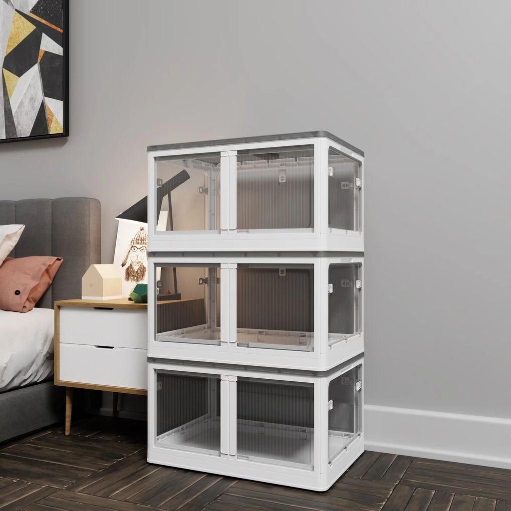 384QT 3-Pack Transparent Stackable Storage Bins with 5 Doors to Open with Wheels Folding Plastic Craft Containers Large Closet Organizers Box for Bedrooms Living Rooms Study Kids' Toys White – Stackable Organization with a Practical Everyday Design