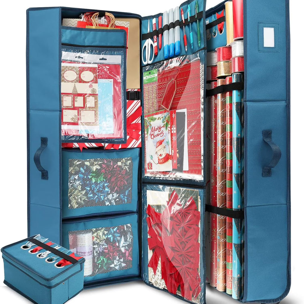 Wrapping Paper Storage Container with Ribbon Dispenser and Interior Pockets - Large Christmas Storage Containers with Wheels Fits 30 Rolls of 40" Length Blue – Everyday Household Format with a Practical Everyday Design