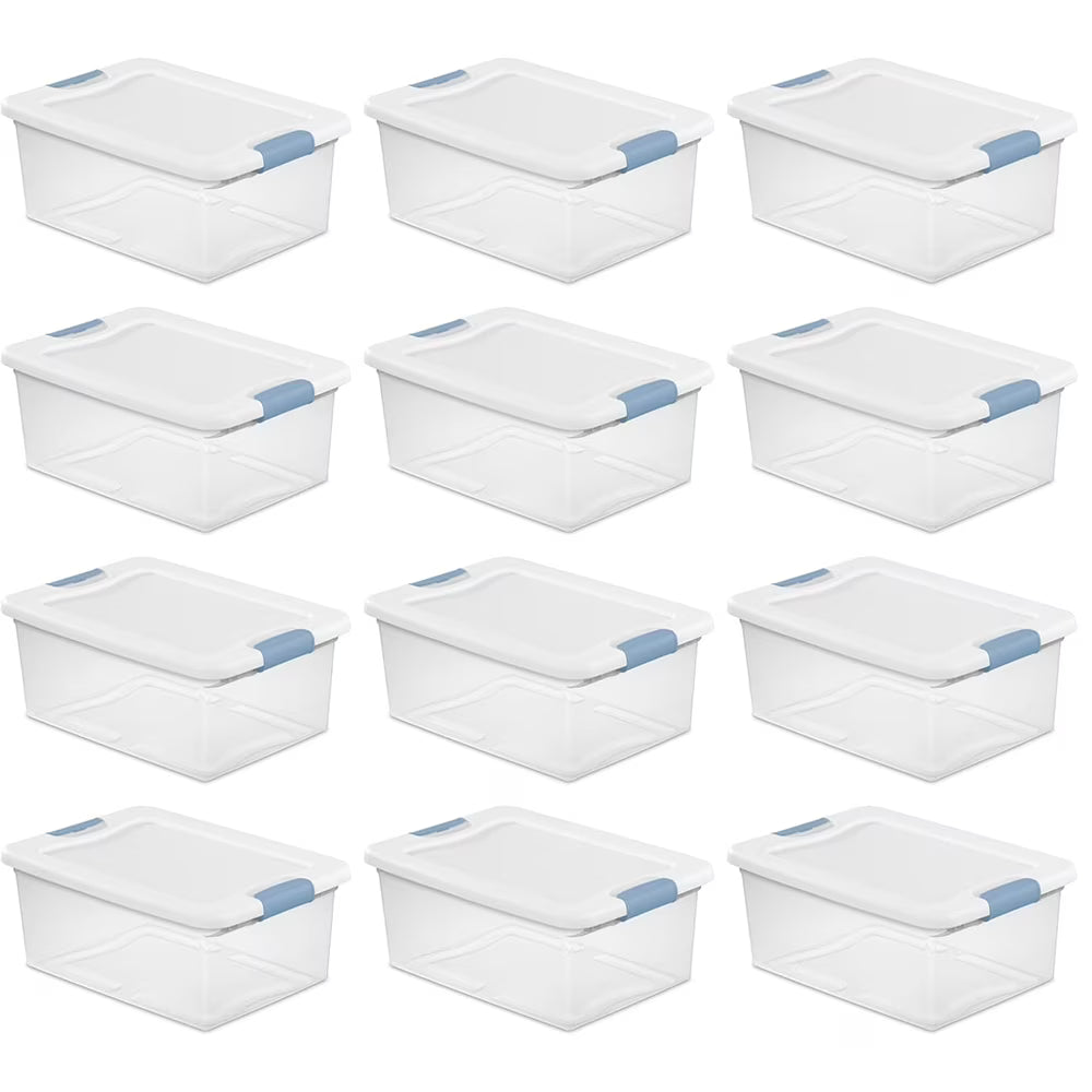 15 Qt Latching Storage Box Stackable Bin with Latch Lid Plastic Container to Organize Closet Shelf Clear with White Lid 12-Pack – Multiroom Organization Format with a Practical Everyday Design