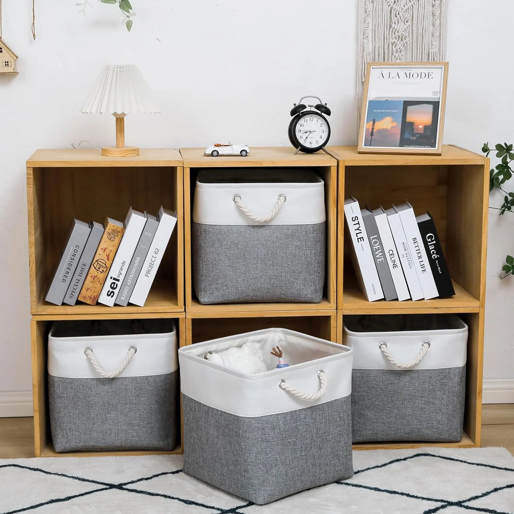 13 x 13 Inch Cube Storage Bins 6 Pack Extra Large Collapsible Fabric Storage Bin with Ropes Foldable Storage Cubes for Home (White & Beige-13"x13"x13") – Foldable Space-Saving Design with a Practical Everyday Design