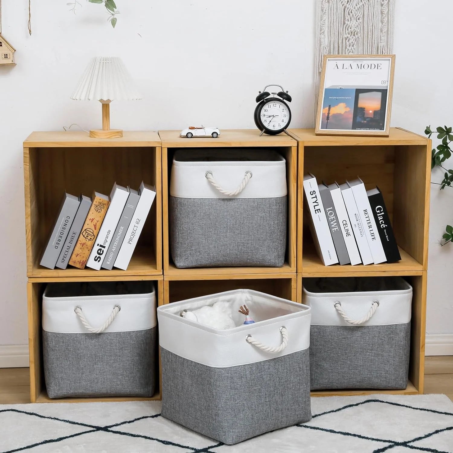 13 x 13 Inch Cube Storage Bins 6 Pack Extra Large Collapsible Fabric Storage Bin with Ropes Foldable Storage Cubes for Home (White & Beige-13"x13"x13") – Foldable Space-Saving Design with a Practical Everyday Design