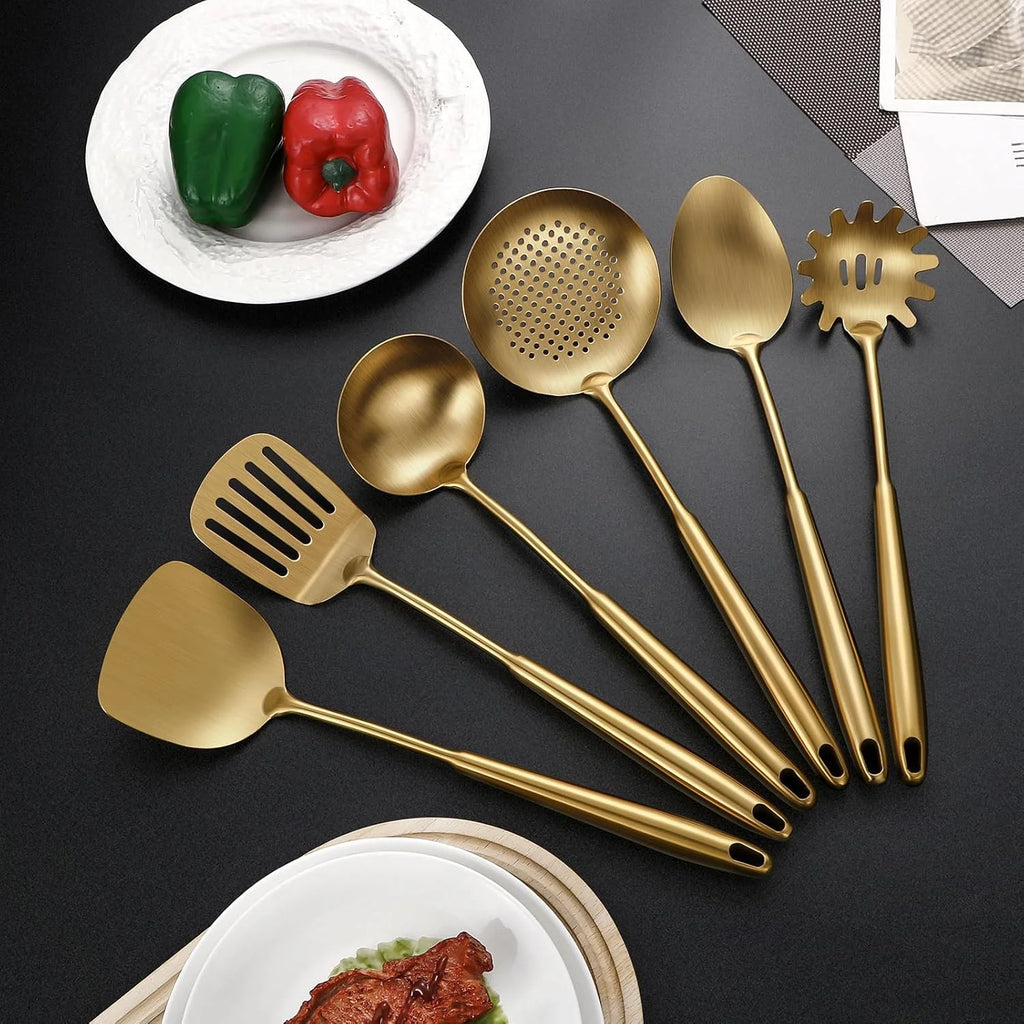 304 Stainless Steel Cooking Utensils,6 Pcs Kitchen Cooking Utensils Set with Spatula Solid Spoon Ladle Skimmer Spaghetti Spoon,Dishwasher Suitable(Gold) – Durable Stainless Steel Construction with a Practical Everyday Design