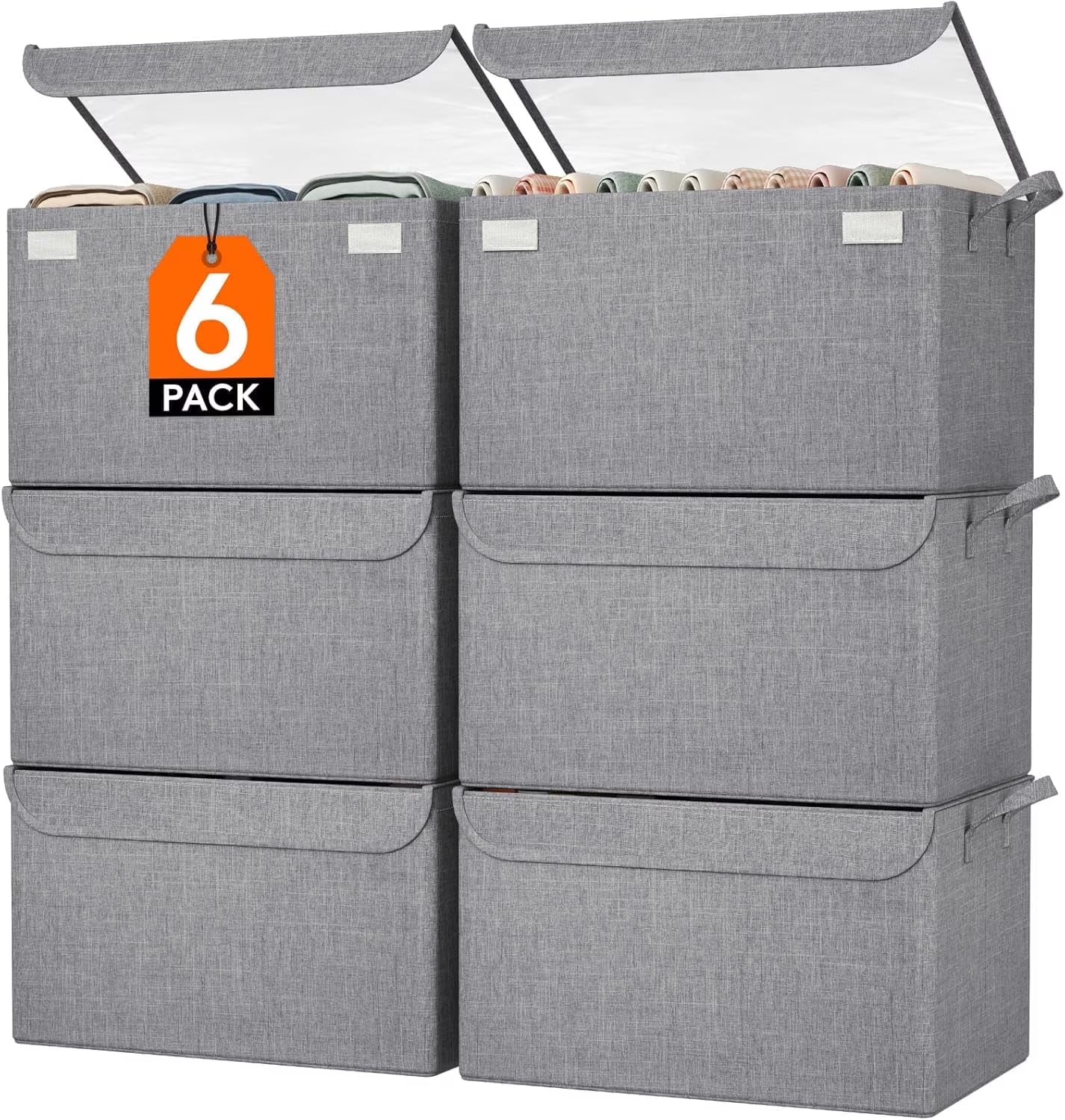 Fabric Storage Boxes 6 Pcs Stackable Storage Bins with Clear Lids Foldable Oxford Cloth Cube Closet Organizer Baskets Clothes Containers for Towels Blankets Books Light Grey-Large – Foldable Space-Saving Design with a Practical Everyday Design