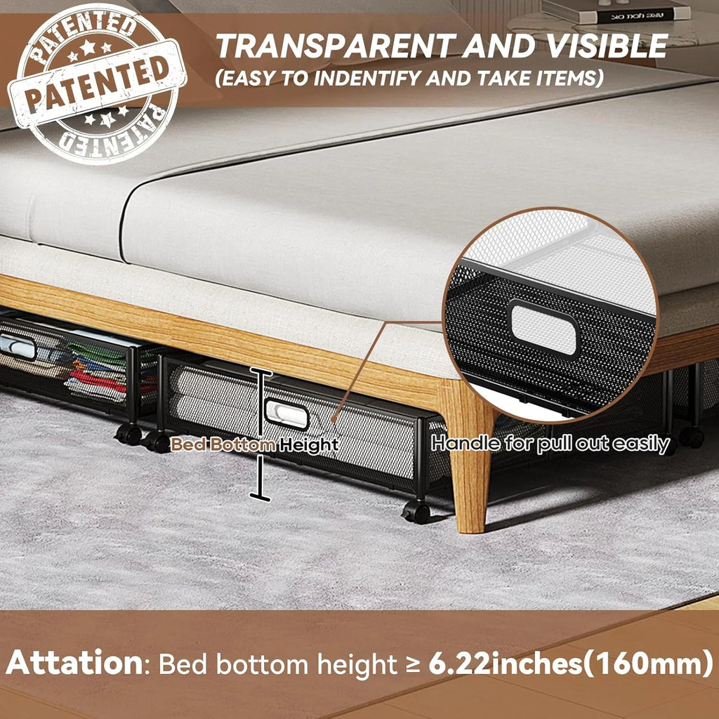 Under Bed Storage Containers with Wheels - Shoe Storage Organizer Drawer Tool-free Assembly Metal Underbed Storage for Bedroom Clothes Shoes Blankets - 2Pack – Multiroom Organization Format with a Practical Everyday Design