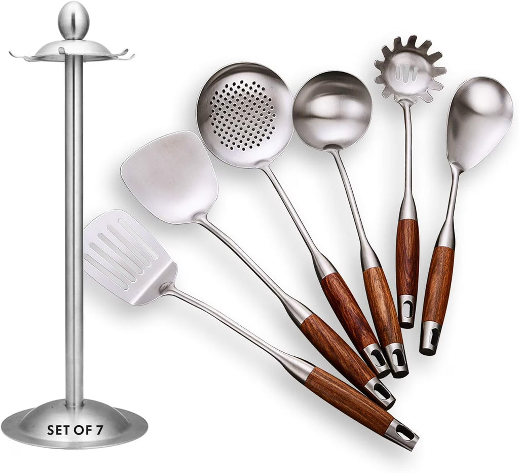 Cooking Utensils Set,7pcs 304 Stainless Steel Kitchen Utensils Set with Holder,Heat Resistant Wooden Handle Kitchen Tools – Convenient Carry Handles with a Practical Everyday Design