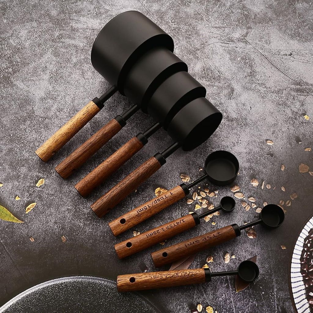 8 pieces Golden Measuring Cups Set and Measuring Spoons Set with Scale Wooden Handle Stainless Steel Dry & Liquid Measuring Cup for Cooking Baking – Convenient Carry Handles with a Practical Everyday Design