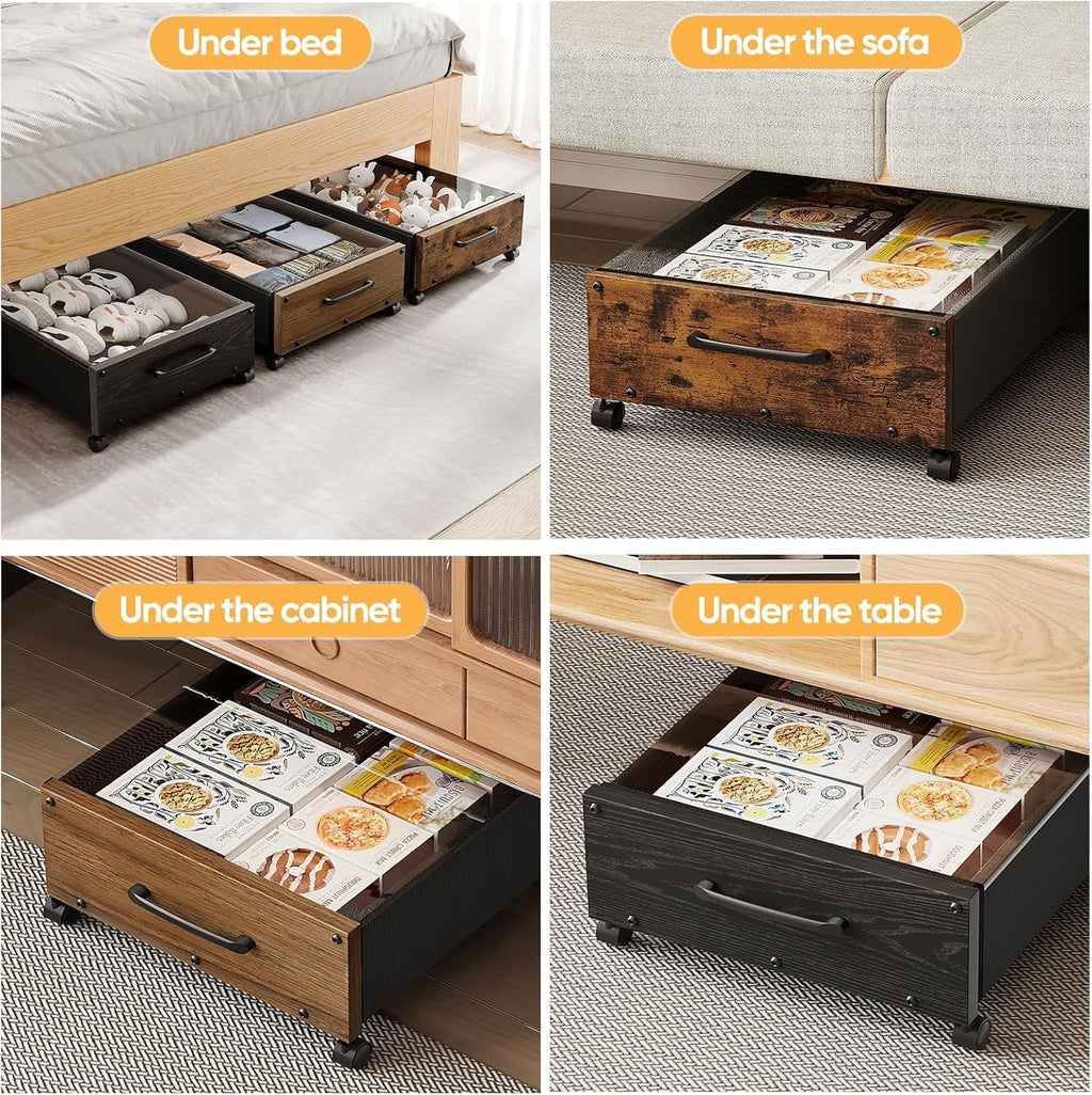 Wooden Under Bed Storage with Wheels Rolling Under the Bed Storage Bins with Removable Lid Metal Under Bed Drawers for Clothes and Shoes in Bedroom or Living Room(Black Wood-2pack) – Easy-Roll Mobility with a Practical Everyday Design