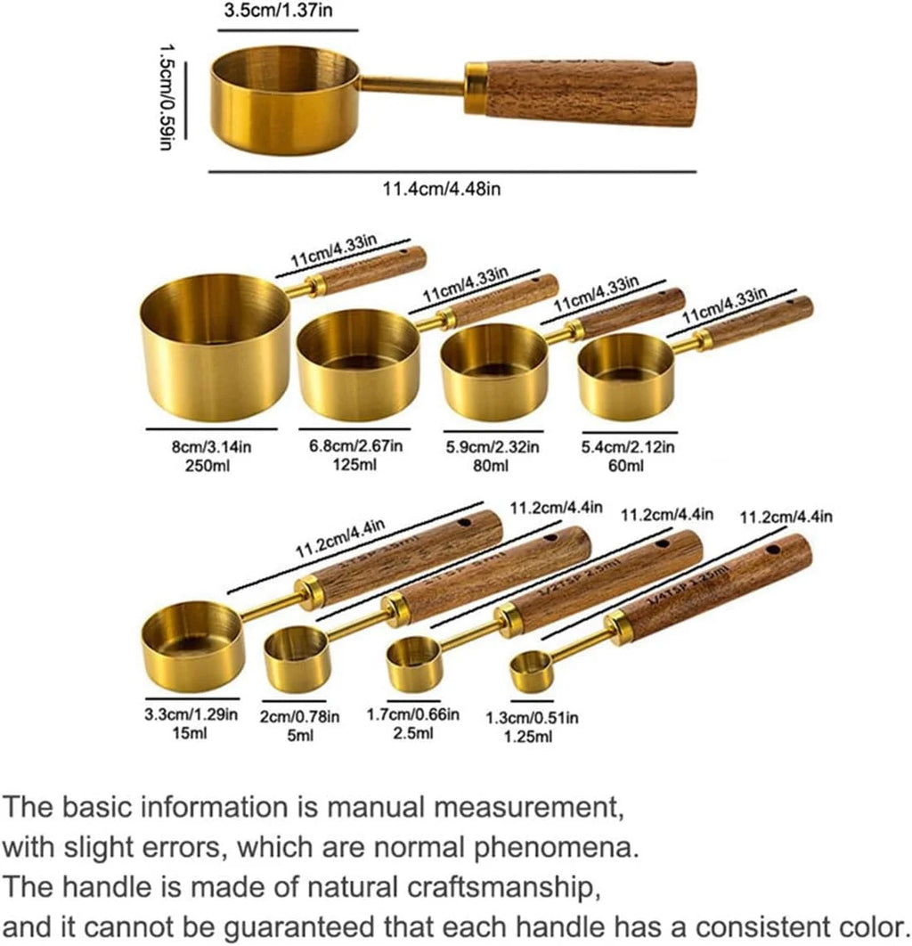 8 pieces Golden Measuring Cups Set and Measuring Spoons Set with Scale Wooden Handle Stainless Steel Dry & Liquid Measuring Cup for Cooking Baking – Convenient Carry Handles with a Practical Everyday Design