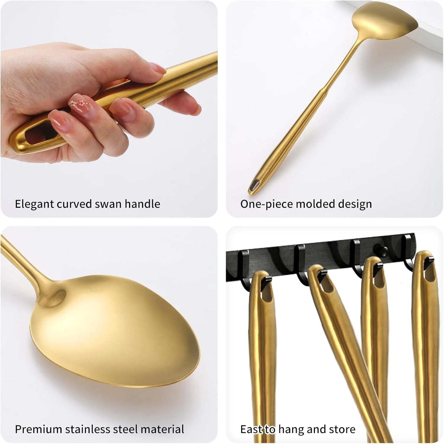 304 Stainless Steel Cooking Utensils,6 Pcs Kitchen Cooking Utensils Set with Spatula Solid Spoon Ladle Skimmer Spaghetti Spoon,Dishwasher Suitable(Gold) – Durable Stainless Steel Construction with a Practical Everyday Design