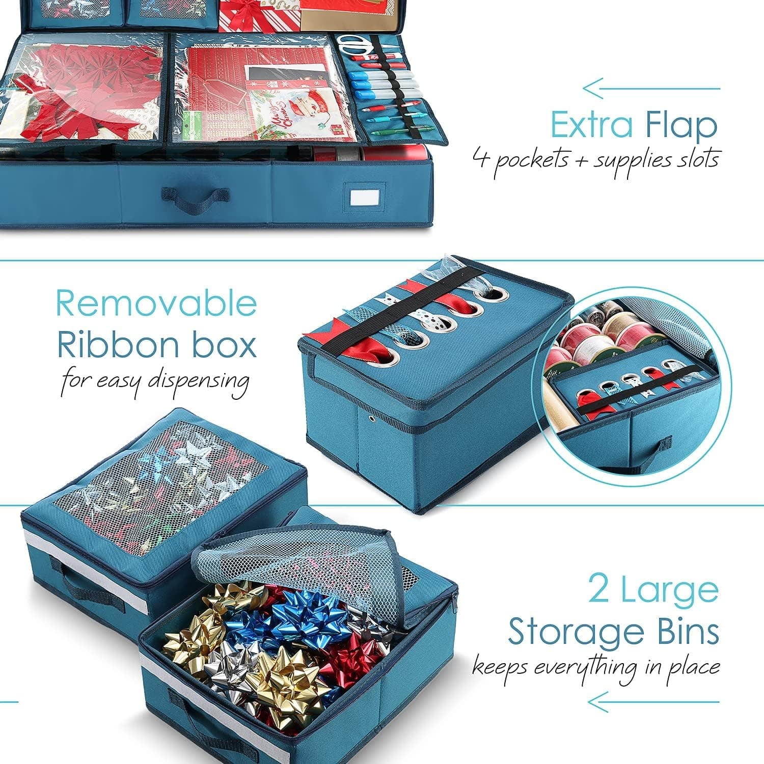 Wrapping Paper Storage Container with Ribbon Dispenser and Interior Pockets - Large Christmas Storage Containers with Wheels Fits 30 Rolls of 40" Length Blue – Everyday Household Format with a Practical Everyday Design