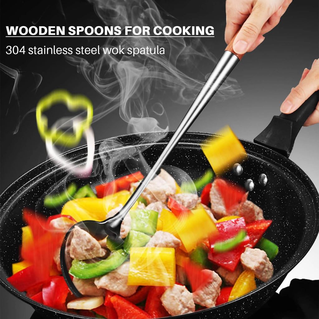 Long Handle Stainless Steel Wok Kitchen Slotted Turner Rice Spoon Ladle Cooking Tools Utensil Set – Convenient Carry Handles with a Practical Everyday Design