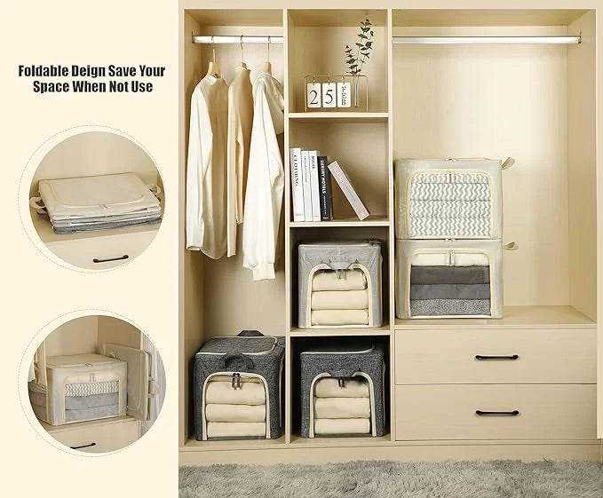 3 Openings Clothes Storage Bins with Metal Frame Foldable Storage Bin for Clothes Clothing Storage Bins with Lid Linen Storage Box With Clear Window＆ Zippers＆ Durable Handles.(3 – Multiroom Organization Format with a Practical Everyday Design
