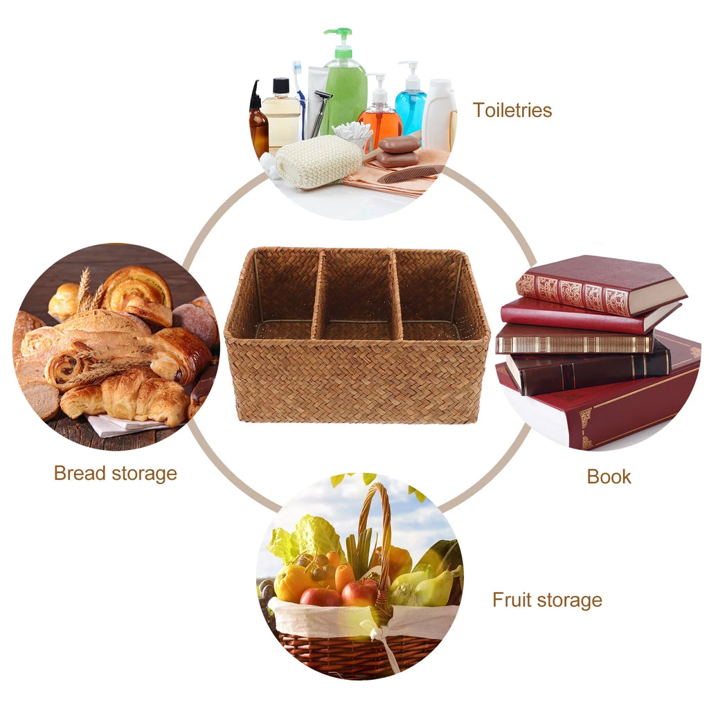 Straw Desktop Storage Box Pantry Basket Bins Hamper for Shelves with Lid Chocolate – Secure Lid Design with a Practical Everyday Design