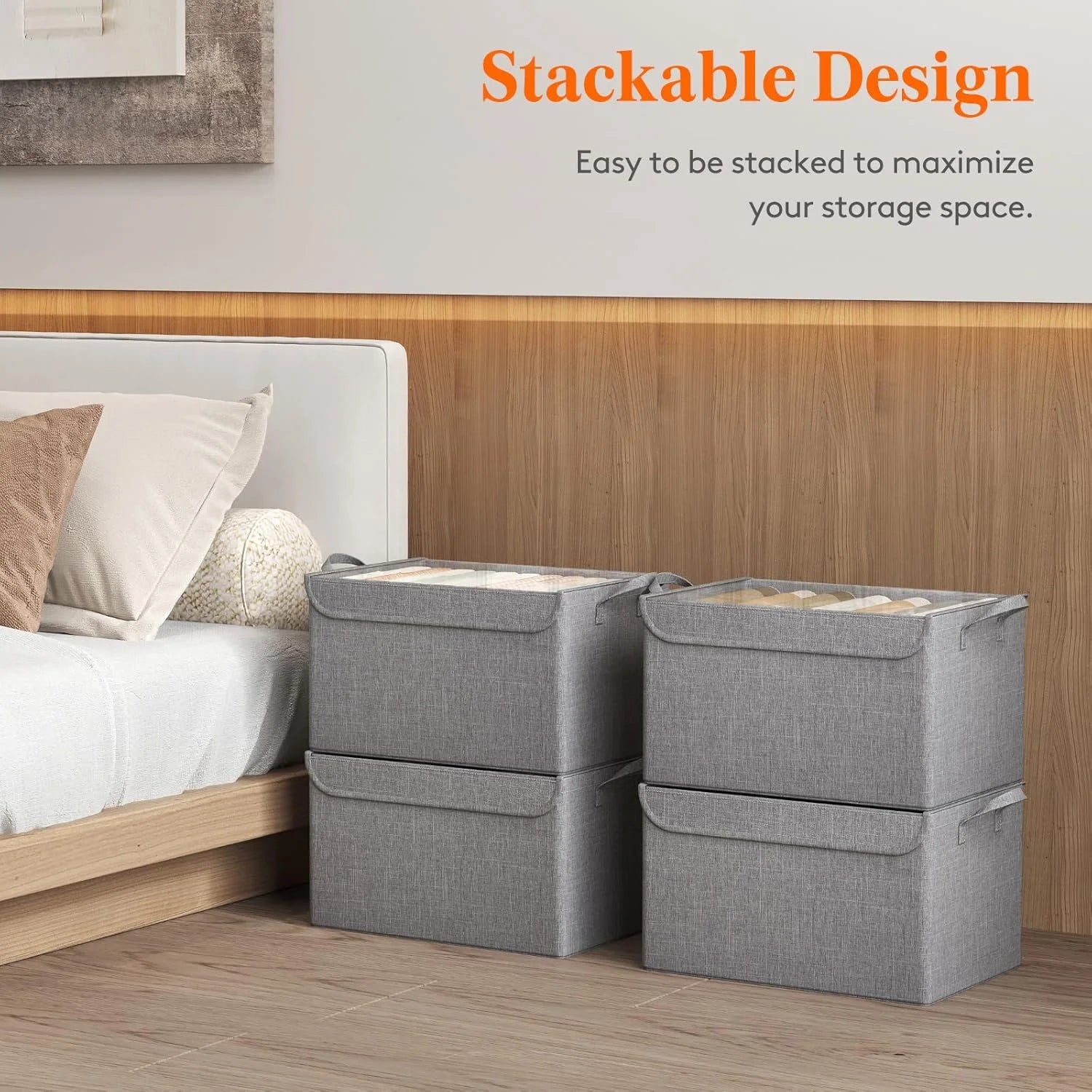 Fabric Storage Boxes 6 Pcs Stackable Storage Bins with Clear Lids Foldable Oxford Cloth Cube Closet Organizer Baskets Clothes Containers for Towels Blankets Books Light Grey-Large – Foldable Space-Saving Design with a Practical Everyday Design