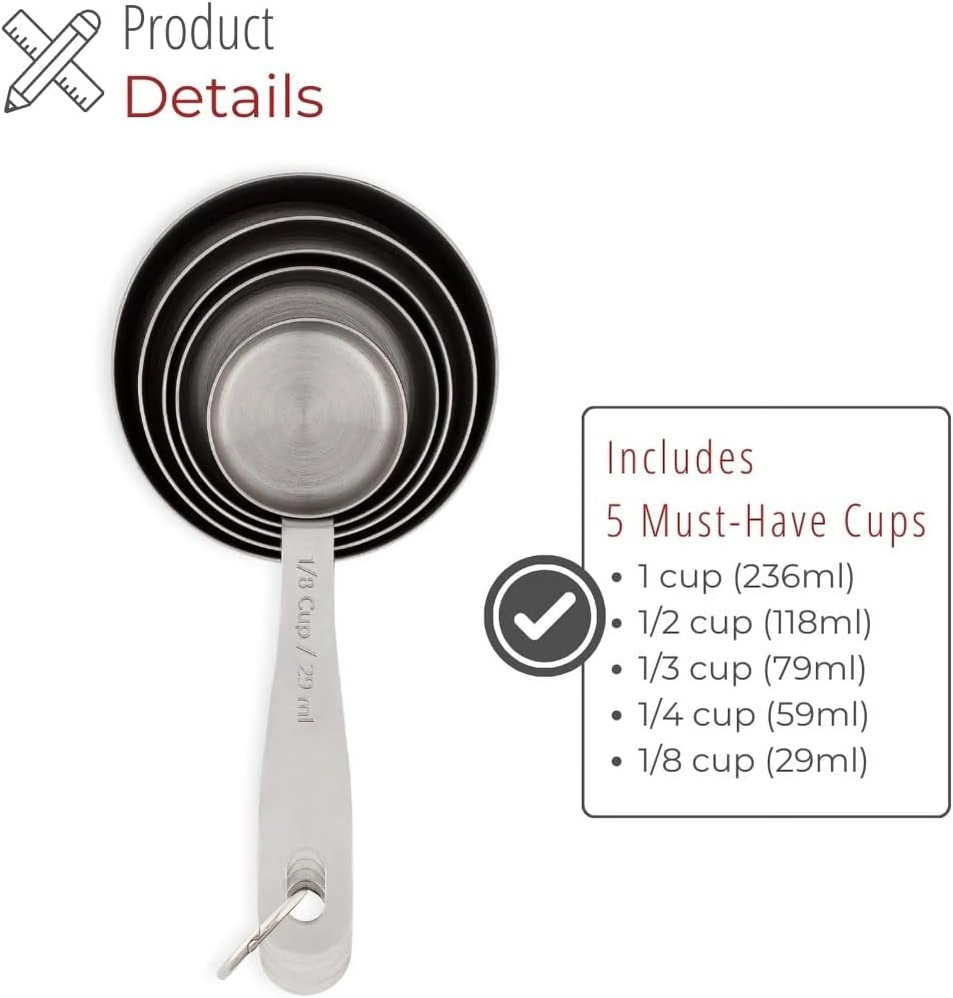 Stainless Steel Measuring Cups Heavy-Duty 5-Piece Set with Storage Ring – Kitchen Measuring Tools – Durable Stainless Steel Construction with a Practical Everyday Design