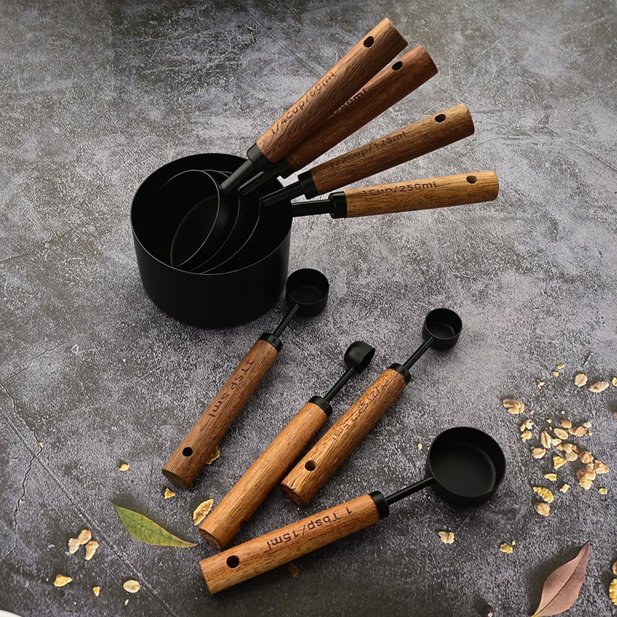 8 pieces Golden Measuring Cups Set and Measuring Spoons Set with Scale Wooden Handle Stainless Steel Dry & Liquid Measuring Cup for Cooking Baking – Convenient Carry Handles with a Practical Everyday Design