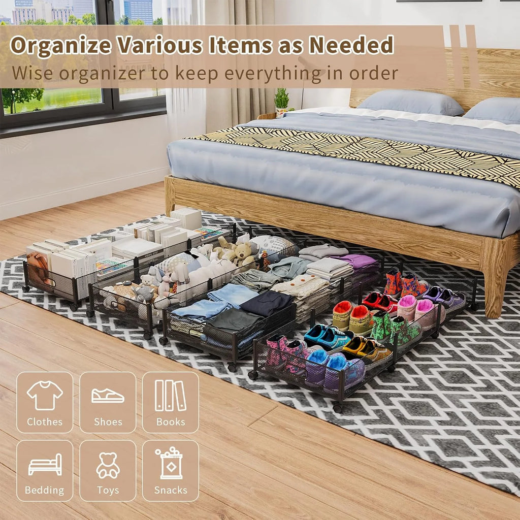 47.2'' Long Under Bed Storage on Wheels 57.6L Large Capacity Rolling Under the Bed Storage Containers Tool-Free Assembly Foldable Underbed Shoes Clothes Toy Drawers – Multiroom Organization Format with a Practical Everyday Design