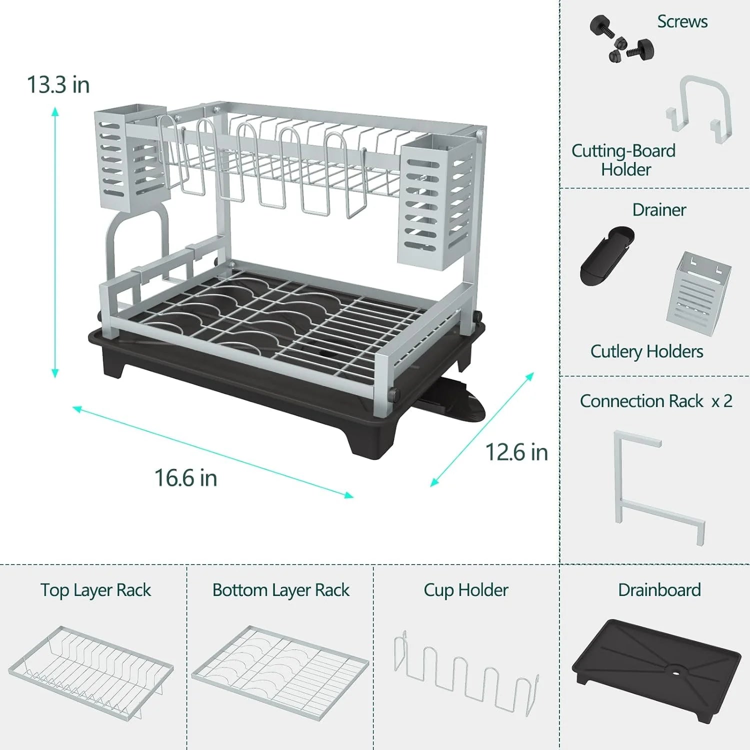 Dish Drying Rack: 2 Tier Dish Racks for Kitchen Counter and Sink - Large Dish Drying Rack with Drainboard & Utensil Holders - Stainless Steel Dish Drainers Kitchen Organization and – Durable Stainless Steel Construction with a Practical Everyday Design