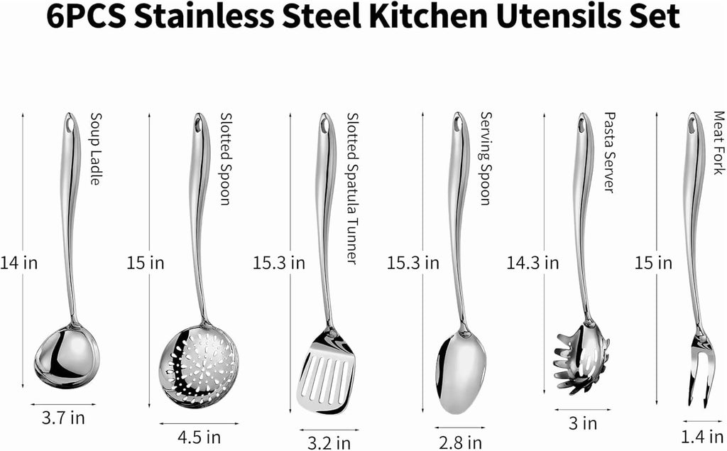 304 Stainless Steel Kitchen Utensils Set 6 Pcs Long Metal Cooking Utensil with Spatula Solid Spoon Ladle Skimmer Spaghetti Spoon Meat Fork Dishwasher Suitable – Durable Stainless Steel Construction with a Practical Everyday Design