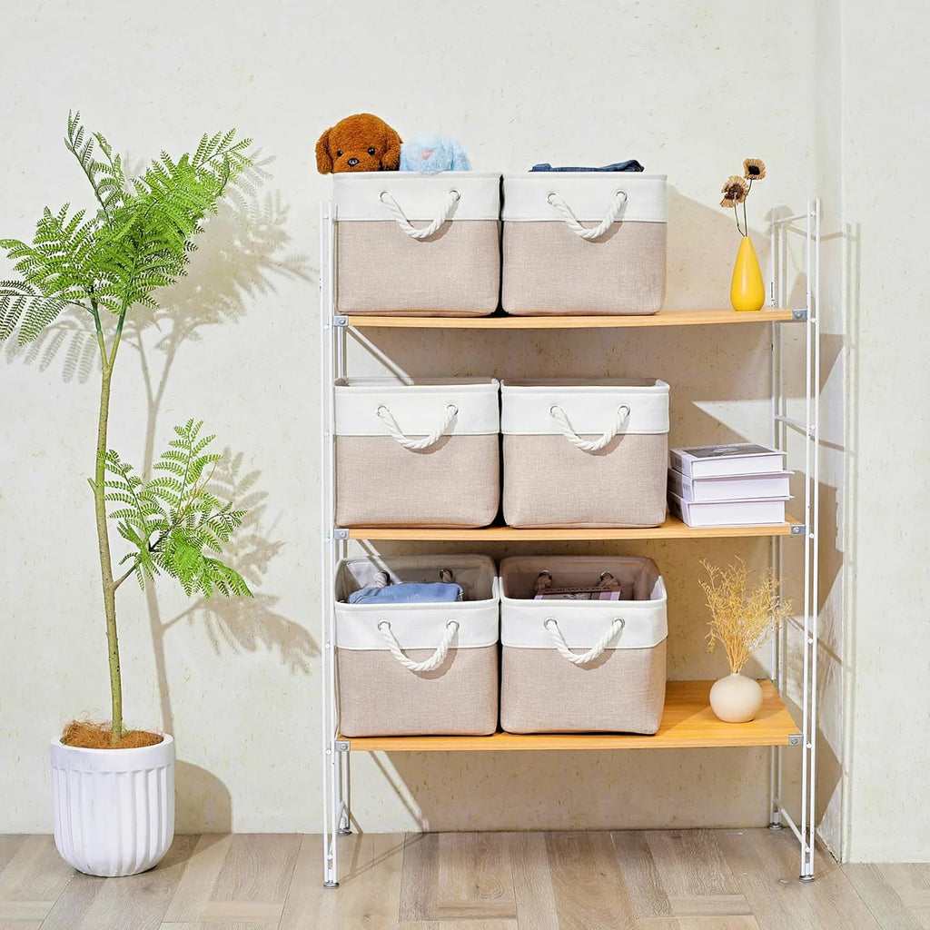 11 x 11 Inch Storage Cubes 6 Pack Large Collapsible Fabric Storage Bin White&Beige – Foldable Space-Saving Design with a Practical Everyday Design