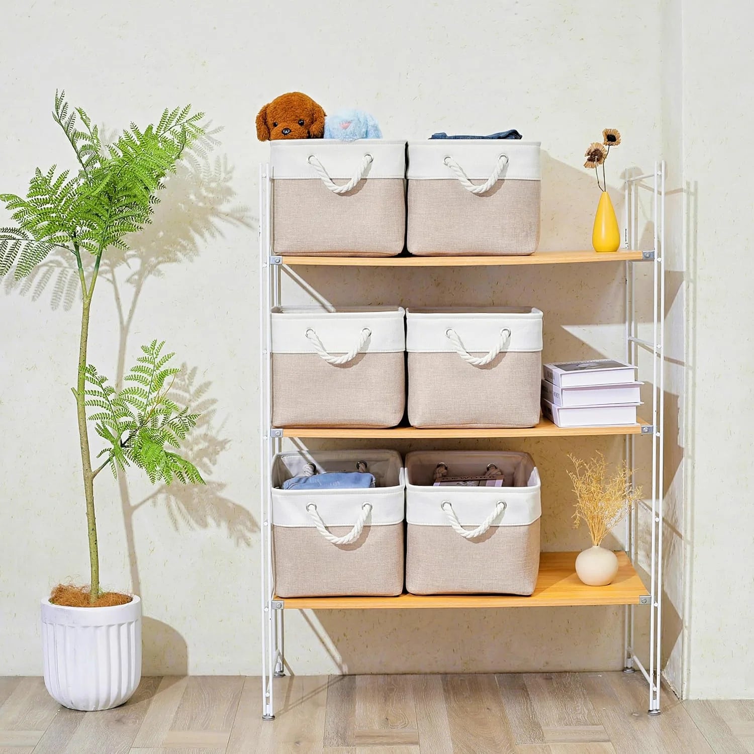 11 x 11 Inch Storage Cubes 6 Pack Large Collapsible Fabric Storage Bin White&Beige – Foldable Space-Saving Design with a Practical Everyday Design