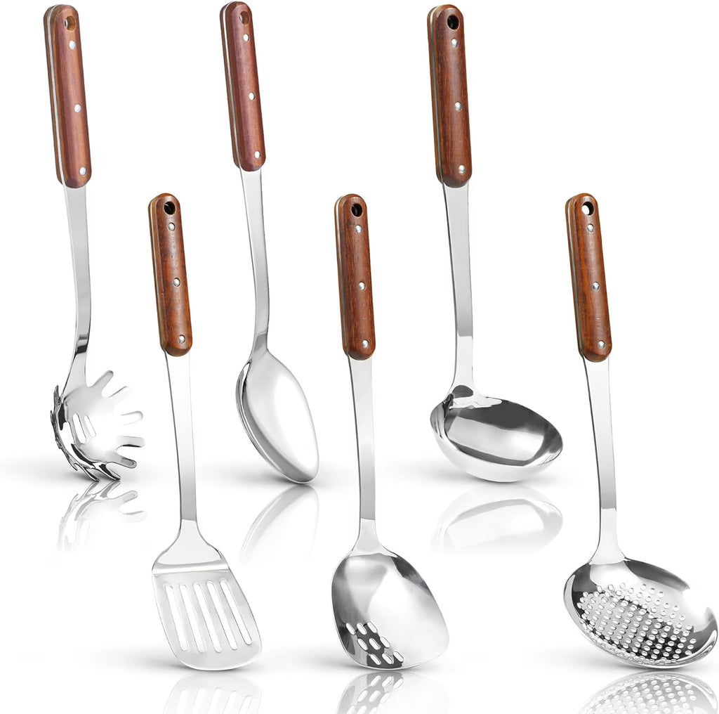 Stainless Steel Cooking Utensils Set Mirror Polished 6 Pieces Kitchen Utensils Set Kitchen Tools Set With Wooden Handle Non-Stick Heat Resistant,Dishwasher Suitable Easy to Clean – Convenient Carry Handles with a Practical Everyday Design