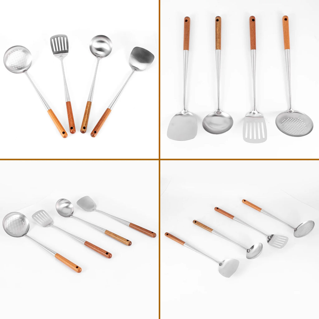 Long Handle Stainless Steel Wok Kitchen Slotted Turner Rice Spoon Ladle Cooking Tools Utensil Set – Convenient Carry Handles with a Practical Everyday Design