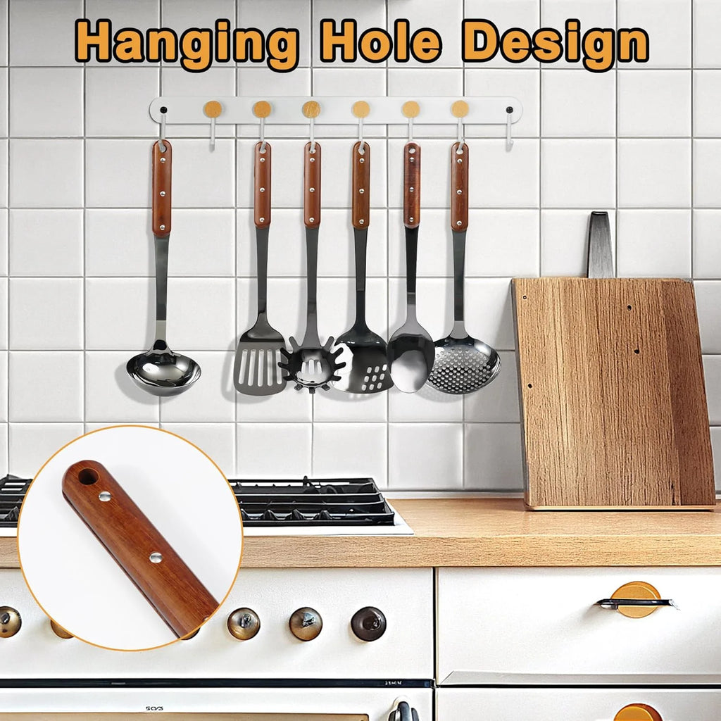 Stainless Steel Cooking Utensils Set Mirror Polished 6 Pieces Kitchen Utensils Set Kitchen Tools Set With Wooden Handle Non-Stick Heat Resistant,Dishwasher Suitable Easy to Clean – Convenient Carry Handles with a Practical Everyday Design