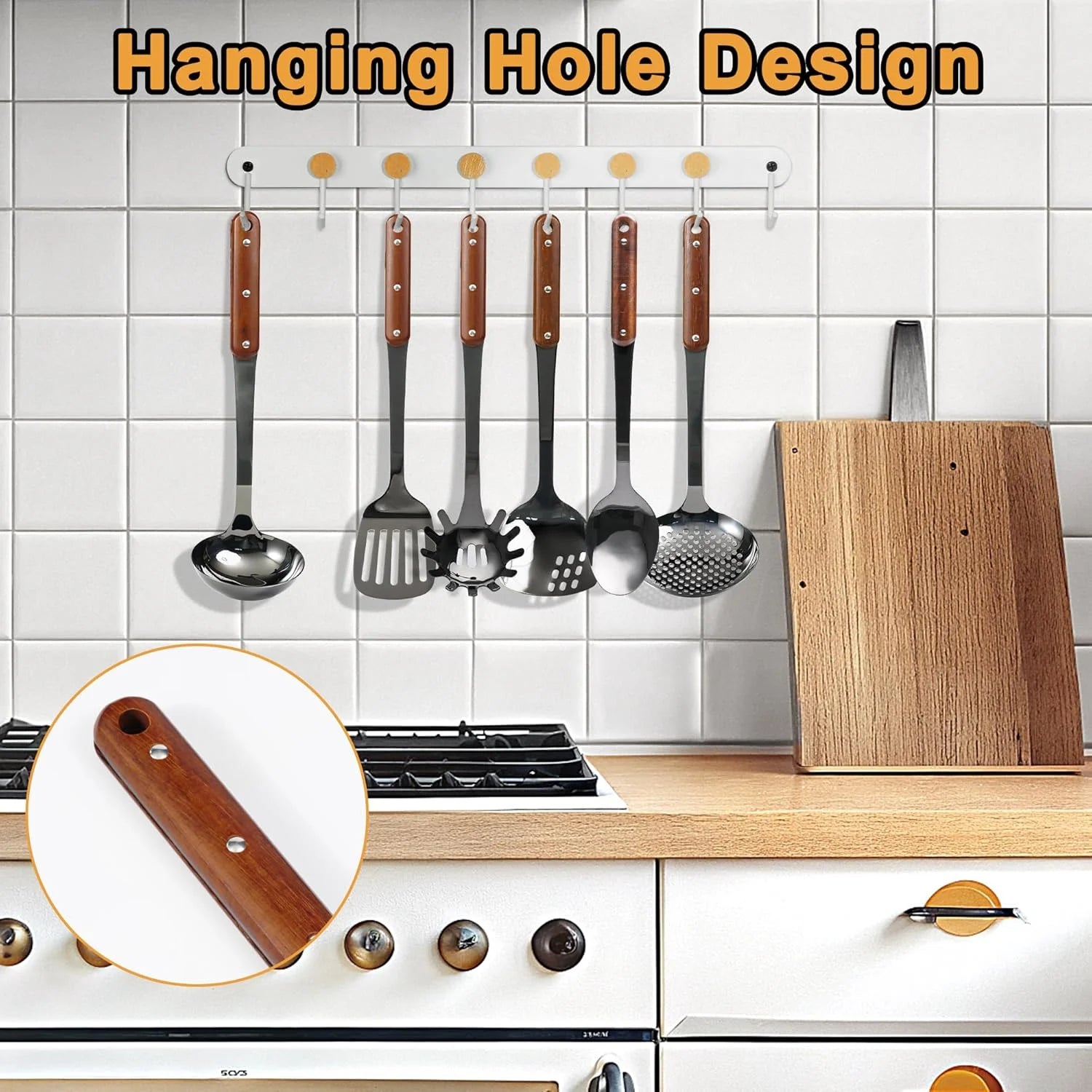 Stainless Steel Cooking Utensils Set Mirror Polished 6 Pieces Kitchen Utensils Set Kitchen Tools Set With Wooden Handle Non-Stick Heat Resistant,Dishwasher Suitable Easy to Clean – Convenient Carry Handles with a Practical Everyday Design