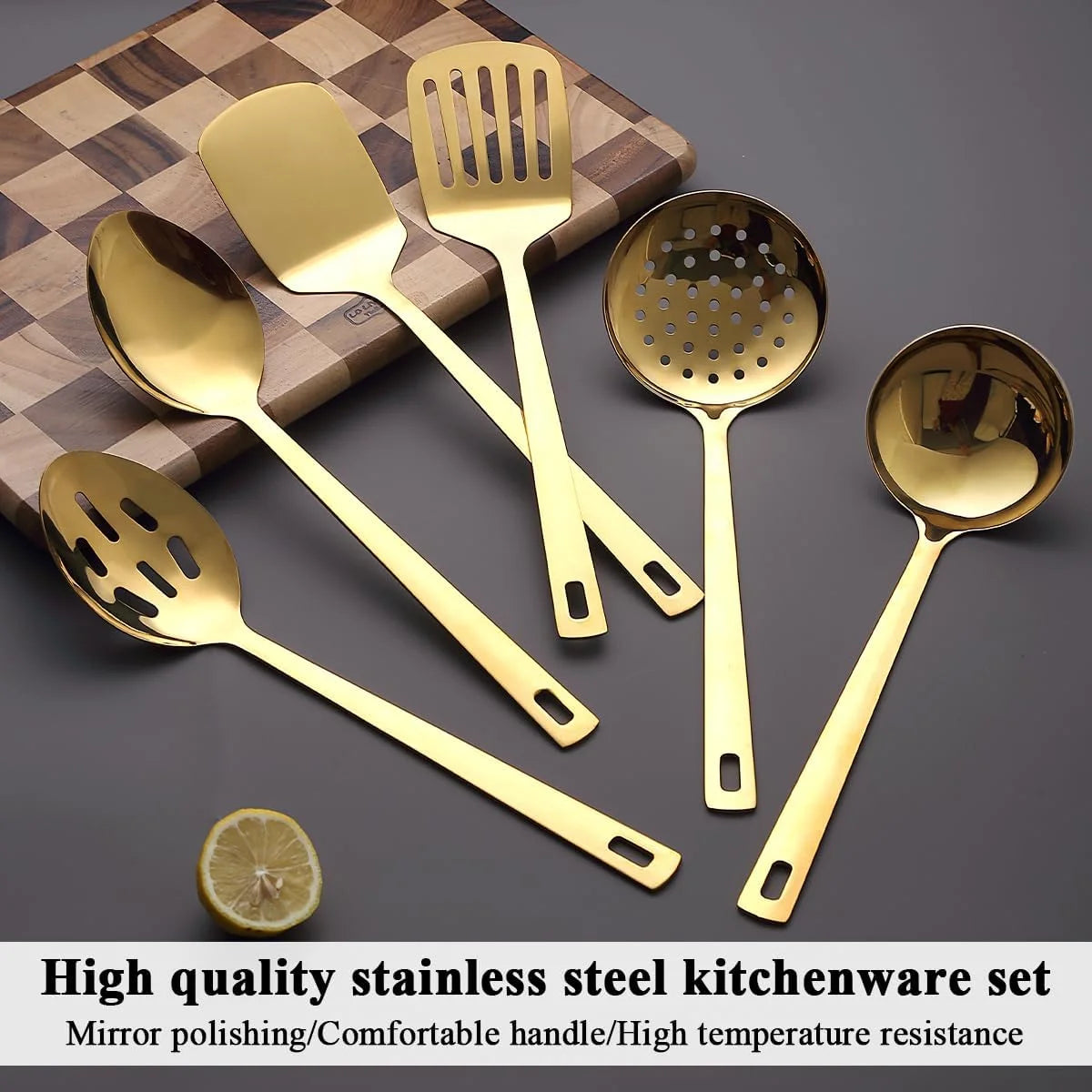Gold Kitchen Utensils Set 6pcs Titanium Plating Stainless Steel Cooking Utensils Set Heavy Duty Kitchen Tools Spatulas Set Home Essentials Kitchen Gadgets Accessories – Durable Stainless Steel Construction with a Practical Everyday Design
