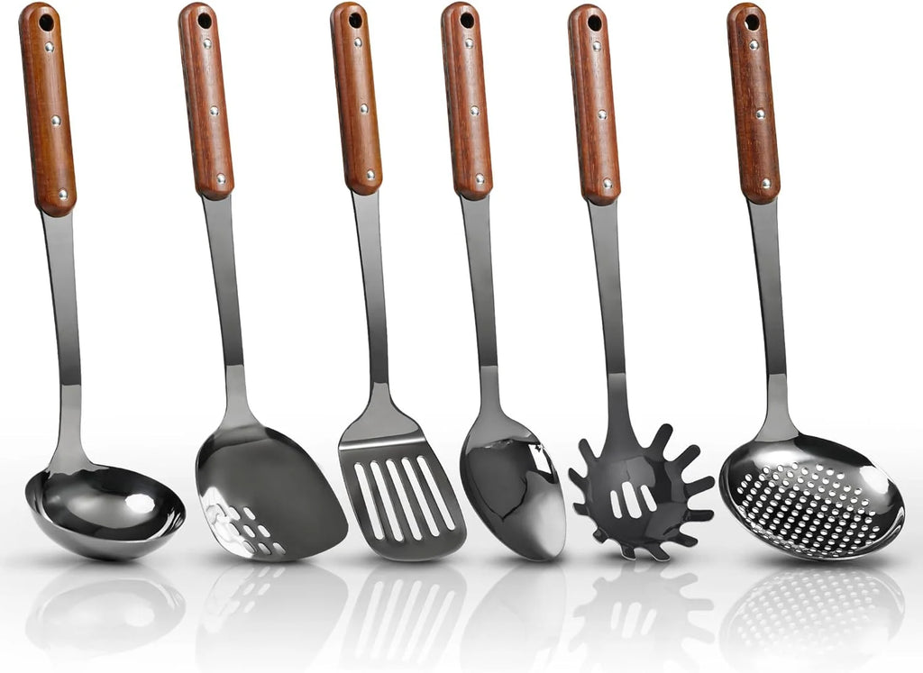 Stainless Steel Cooking Utensils Set Mirror Polished 6 Pieces Kitchen Utensils Set Kitchen Tools Set With Wooden Handle Non-Stick Heat Resistant,Dishwasher Suitable Easy to Clean – Convenient Carry Handles with a Practical Everyday Design