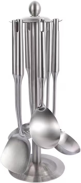 Well-crafted 7-Piece Gold Kitchen Utensil Set with Stand Stainless Steel Cooking Tools- Dishwasher Suitable Ladle Spoon Spatula Pasta Fork Luxury Brass Kitchen Accessories for Home – Durable Stainless Steel Construction with a Practical Everyday Design