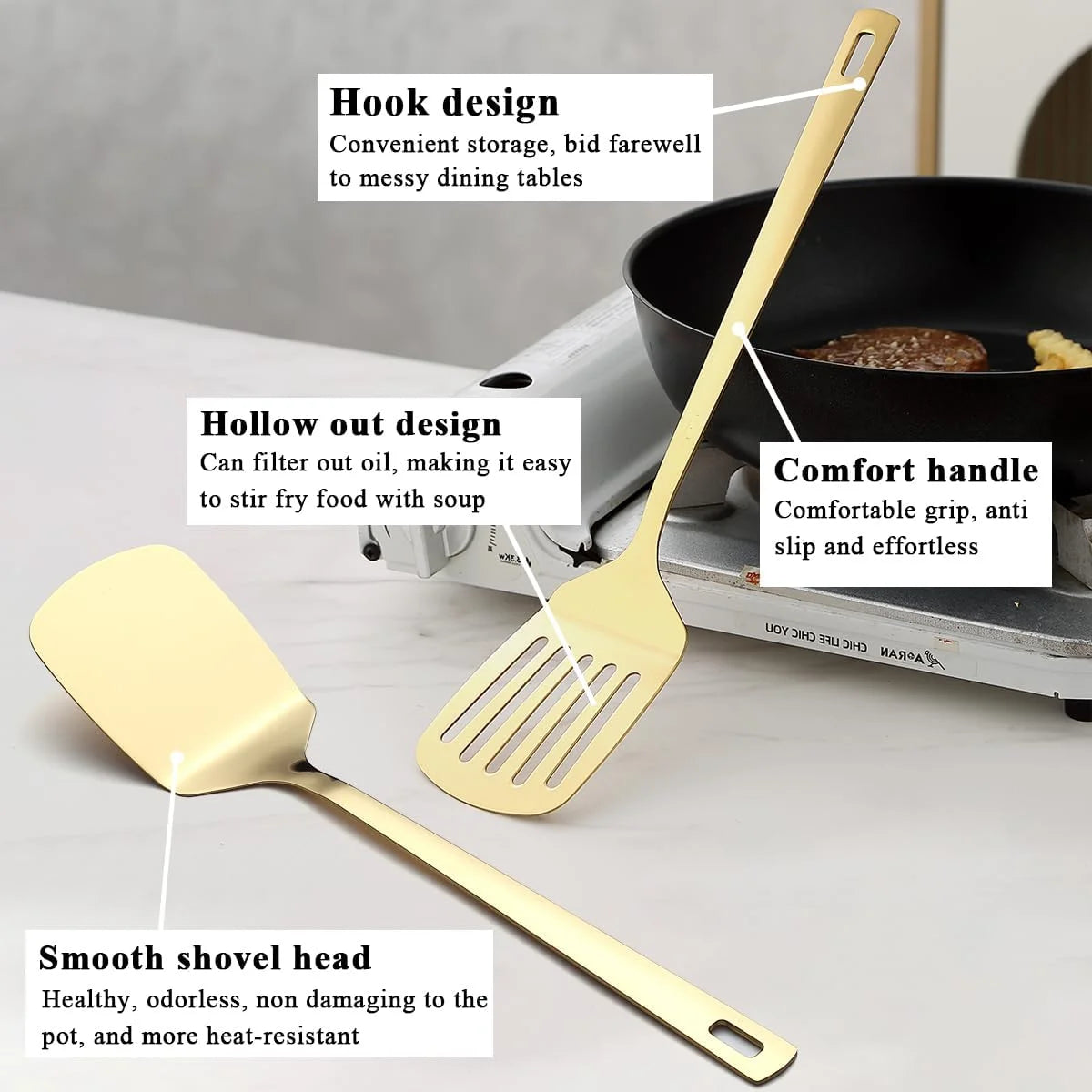 Gold Kitchen Utensils Set 6pcs Titanium Plating Stainless Steel Cooking Utensils Set Heavy Duty Kitchen Tools Spatulas Set Home Essentials Kitchen Gadgets Accessories – Durable Stainless Steel Construction with a Practical Everyday Design