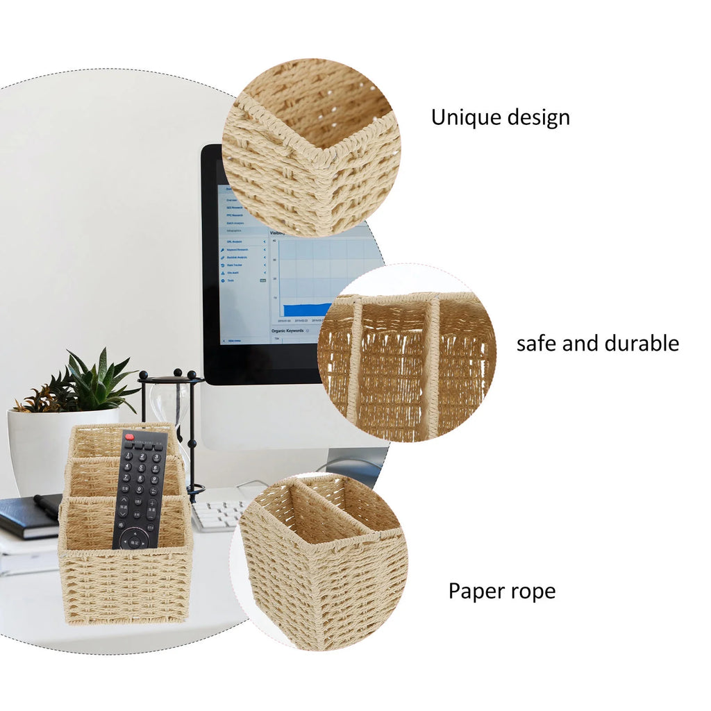 2pcs Woven 3 Compartments Woven Storage Box Bin Makeup Container Cube Organizer Divider for Home Bathroom Bedroom Closet Table Remote Beige – Multiroom Organization Format with a Practical Everyday Design