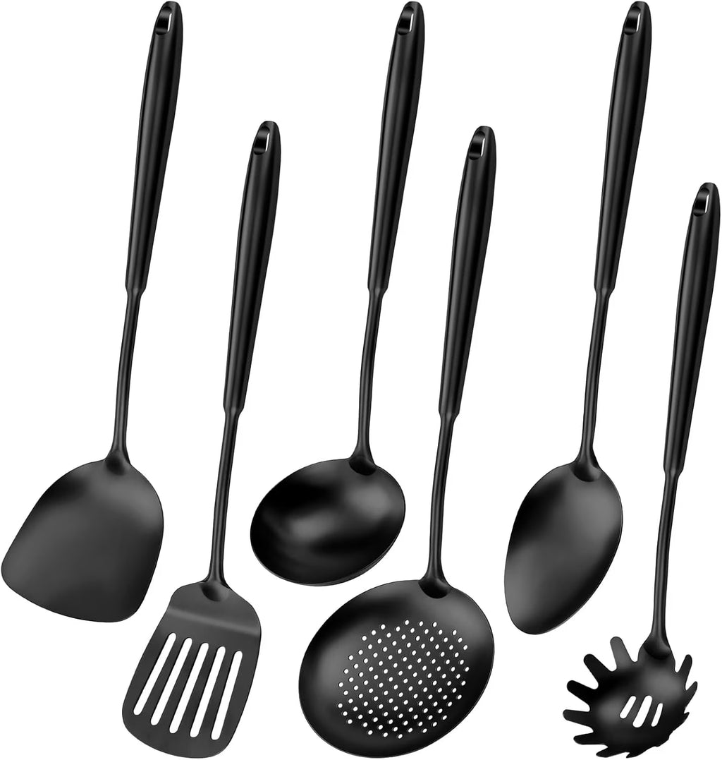 304 Stainless Steel Cooking Utensils,6 Pcs Kitchen Cooking Utensils Set with Spatula Solid Spoon Ladle Skimmer Spaghetti Spoon,Dishwasher Suitable(Black) – Durable Stainless Steel Construction with a Practical Everyday Design