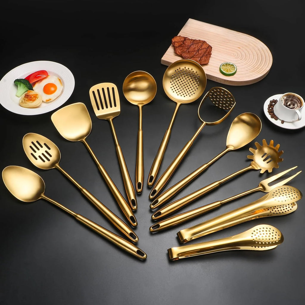 304 Stainless Steel Cooking Utensils,6 Pcs Kitchen Cooking Utensils Set with Spatula Solid Spoon Ladle Skimmer Spaghetti Spoon,Dishwasher Suitable(Gold) – Durable Stainless Steel Construction with a Practical Everyday Design
