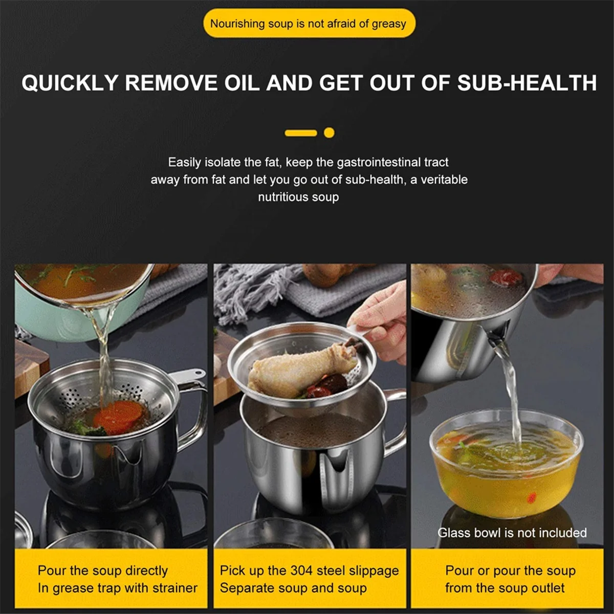 Stainless Steel Fat Separator 1L/4 Cup Gravy Grease with Strainer and Glass Lid Soup Oil Cup – Durable Stainless Steel Construction with a Practical Everyday Design