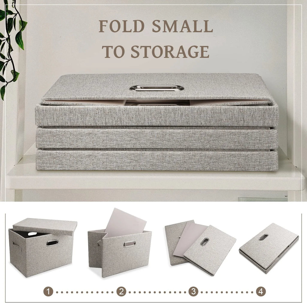 Medium 15" 21 Quart Collapsible Stackable Storage Bins with Lids 5 Packs Beige Foldable Fabric Closet Boxes Heavy-duty Lidded Linen Cube Baskets Container Organizers and Storage – Multiroom Organization Format with a Practical Everyday Design