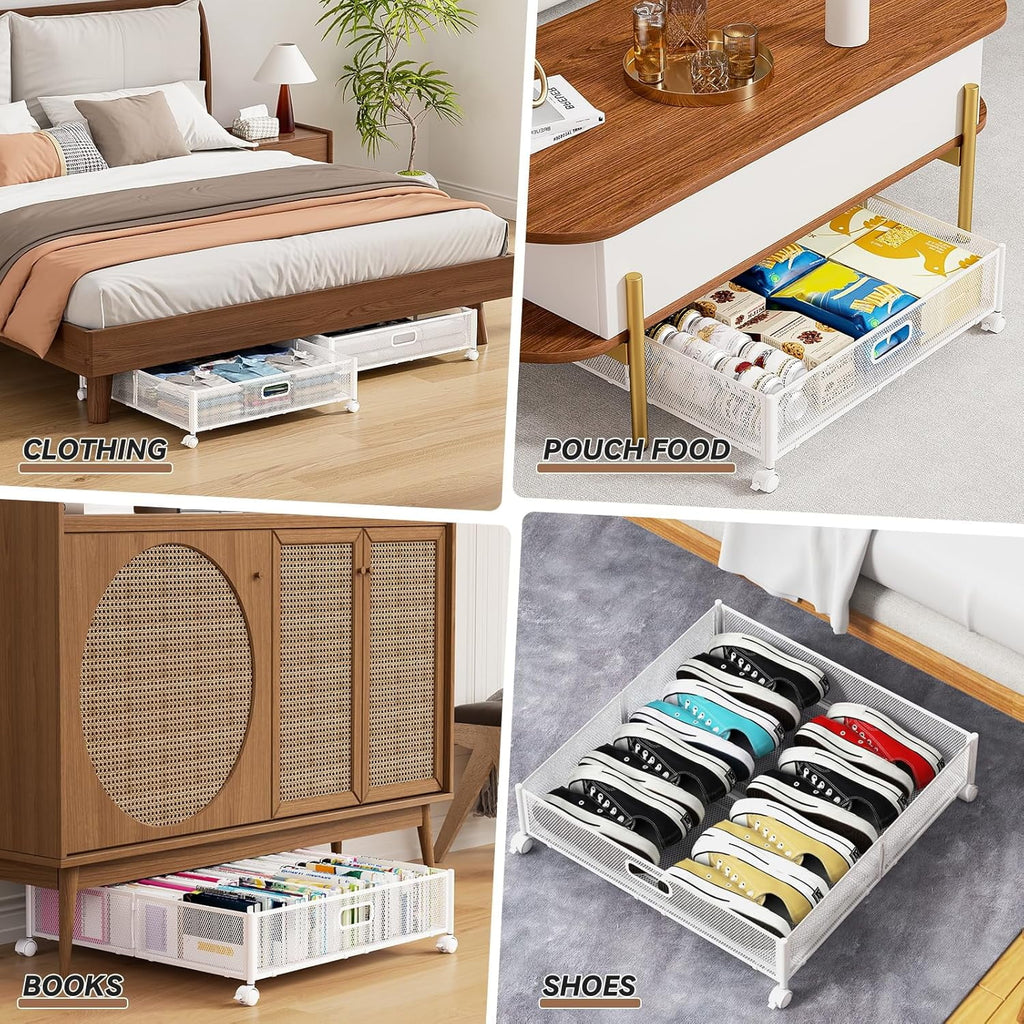 Under Bed Storage Containers with Wheels - Shoe Storage Organizer Drawer Tool-free Assembly Metal Underbed Storage Containers for Bedroom Clothes Shoes Blankets - 2Pack – Multiroom Organization Format with a Practical Everyday Design
