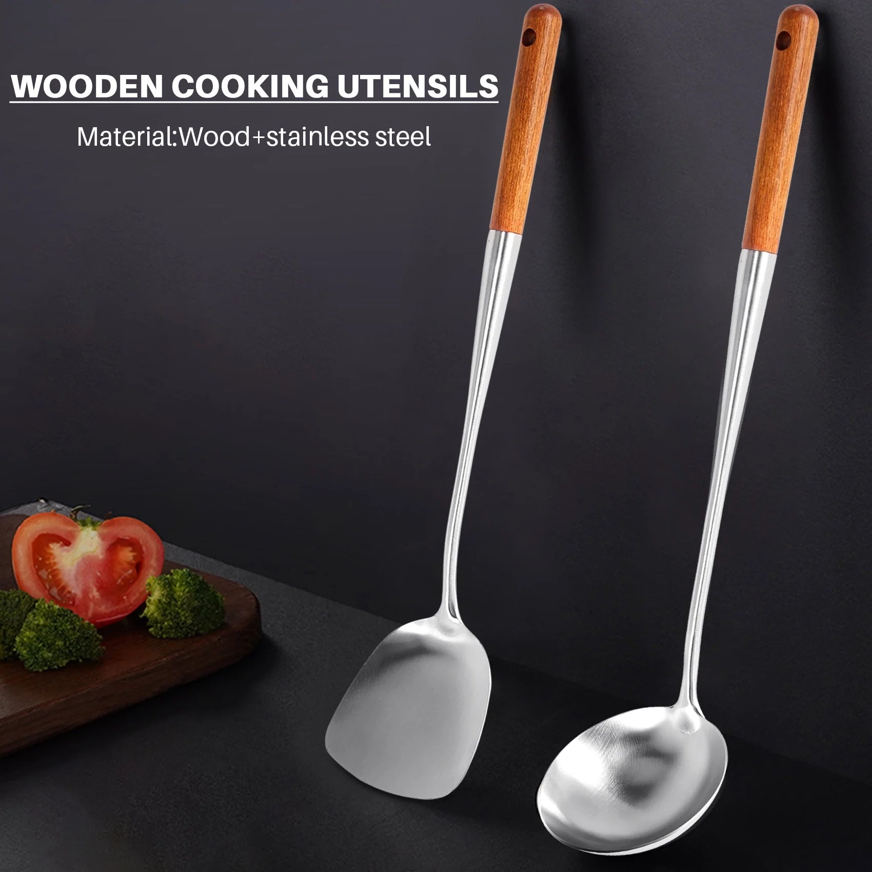 Long Handle Stainless Steel Wok Kitchen Slotted Turner Rice Spoon Ladle Cooking Tools Utensil Set – Convenient Carry Handles with a Practical Everyday Design