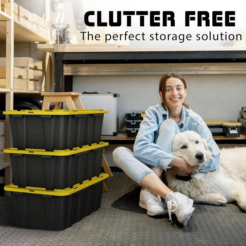 8 PACK of Medium 12 Gallon Plastic Storage Bin Tote Organizing Container with Ultra Durable Secure Latching Lids Stackable Extra Strength Clear with Built in Handle - Black and Yellow – Stackable Organization with a Practical Everyday Design