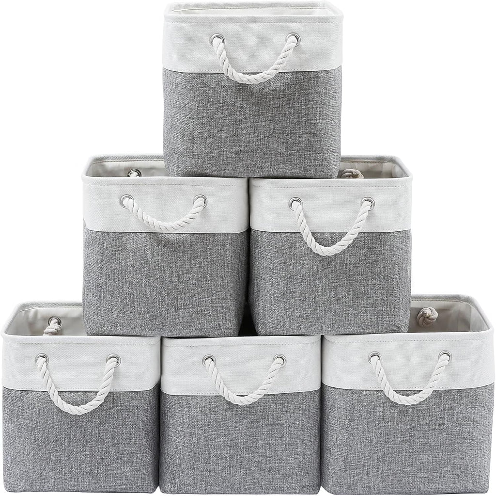 13 x 13 Inch Cube Storage Bins 6 Pack Extra Large Collapsible Fabric Storage Bin with Ropes Foldable Storage Cubes for Home (White & Beige-13"x13"x13") – Foldable Space-Saving Design with a Practical Everyday Design