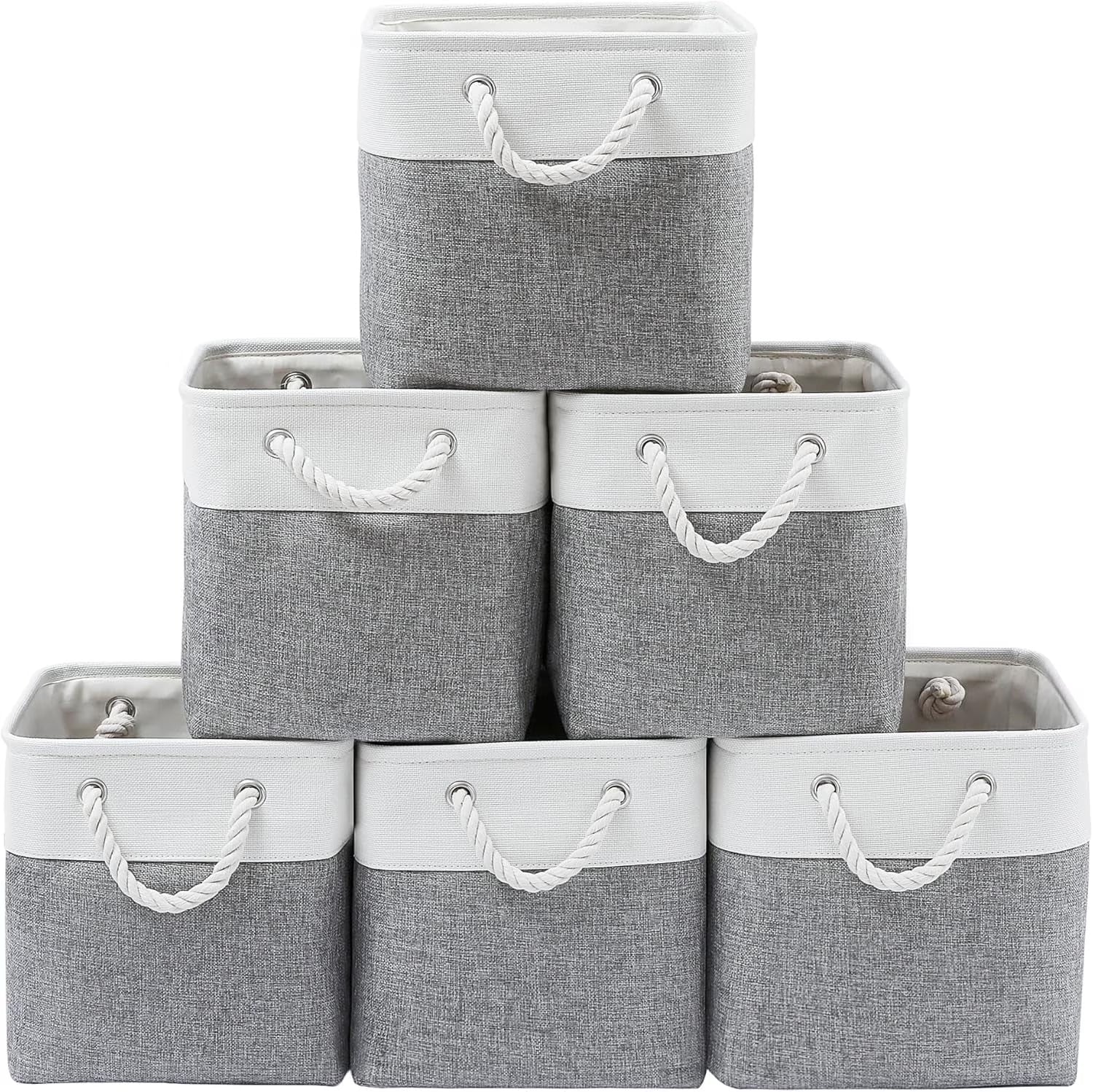13 x 13 Inch Cube Storage Bins 6 Pack Extra Large Collapsible Fabric Storage Bin with Ropes Foldable Storage Cubes for Home (White & Beige-13"x13"x13") – Foldable Space-Saving Design with a Practical Everyday Design
