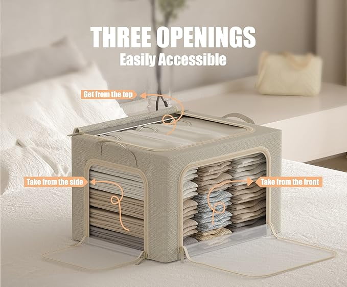 3 Openings Clothes Storage Bins with Metal Frame Foldable Storage Bin for Clothes Clothing Storage Bins with Lid Linen Storage Box With Clear Window＆ Zippers＆ Durable Handles.(3 – Multiroom Organization Format with a Practical Everyday Design