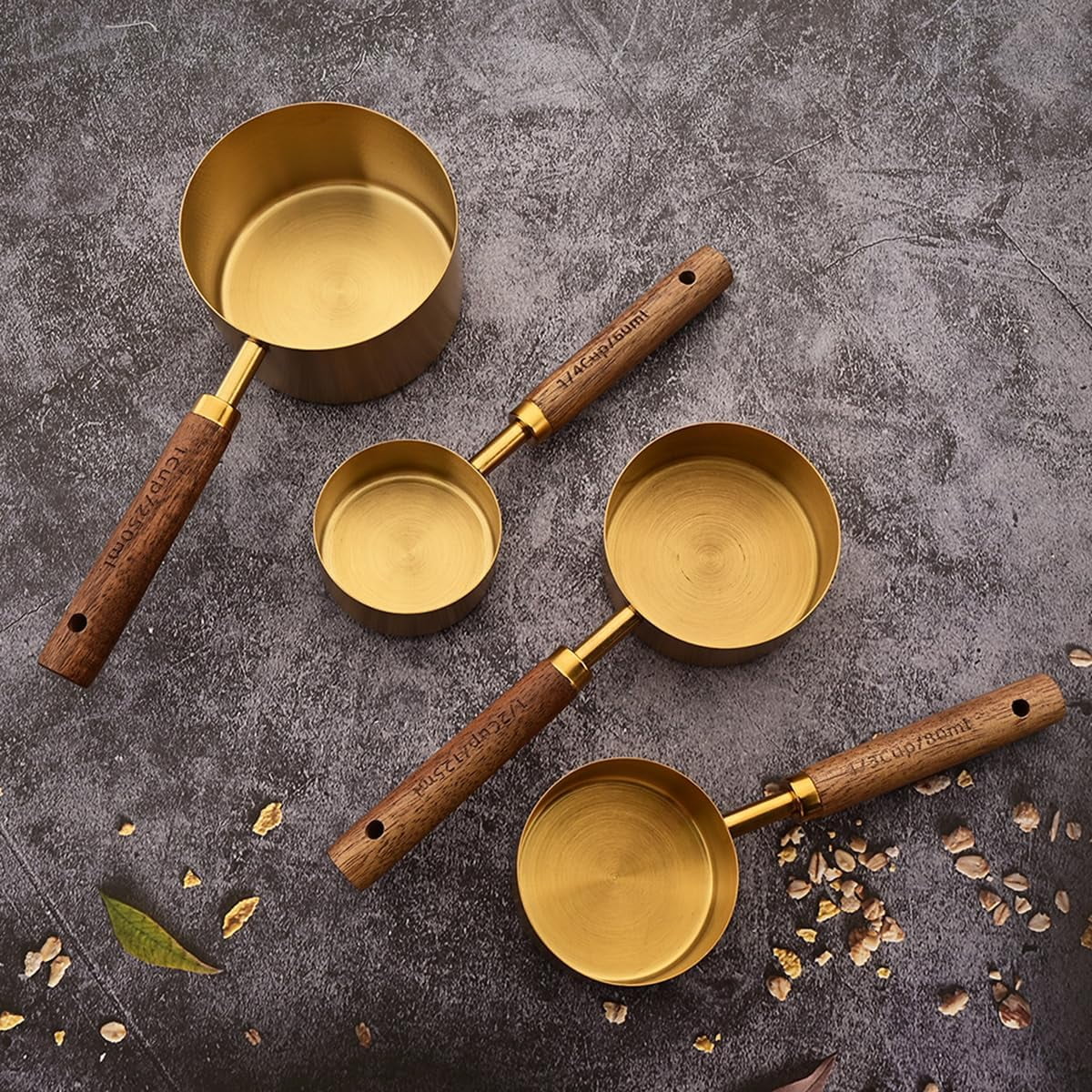 8 pieces Golden Measuring Cups Set and Measuring Spoons Set with Scale Wooden Handle Stainless Steel Dry & Liquid Measuring Cup for Cooking Baking – Convenient Carry Handles with a Practical Everyday Design