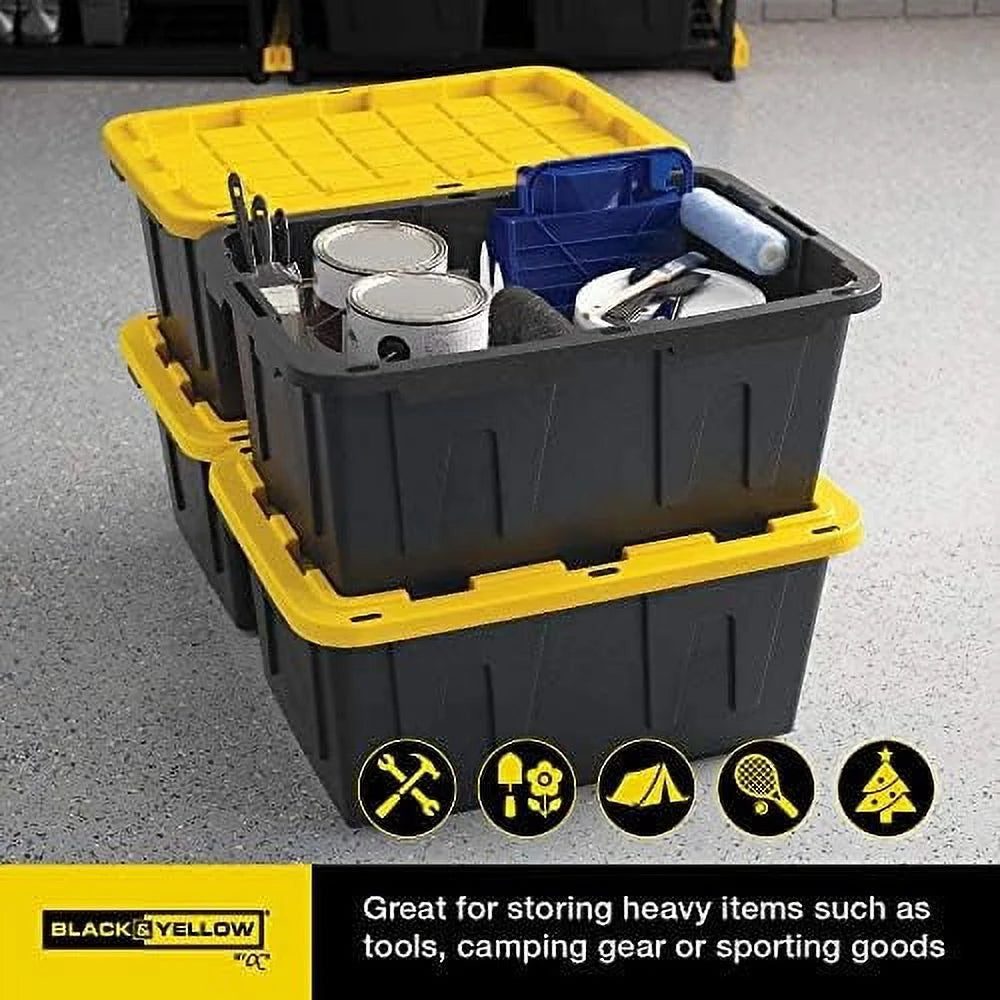 BLACK & YELLOW 27-Gallon Heavy Duty Tough Storage Container & Snap-Tight Lid (14.3"H x 20.6"W x 30.6"D) Weather-Resistant Design and Stackable Organization Tote [4 Pack] – Stackable Organization with a Practical Everyday Design
