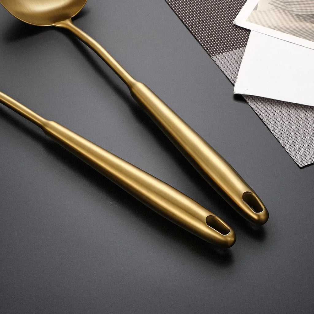 304 Stainless Steel Cooking Utensils,6 Pcs Kitchen Cooking Utensils Set with Spatula Solid Spoon Ladle Skimmer Spaghetti Spoon,Dishwasher Suitable(Gold) – Durable Stainless Steel Construction with a Practical Everyday Design